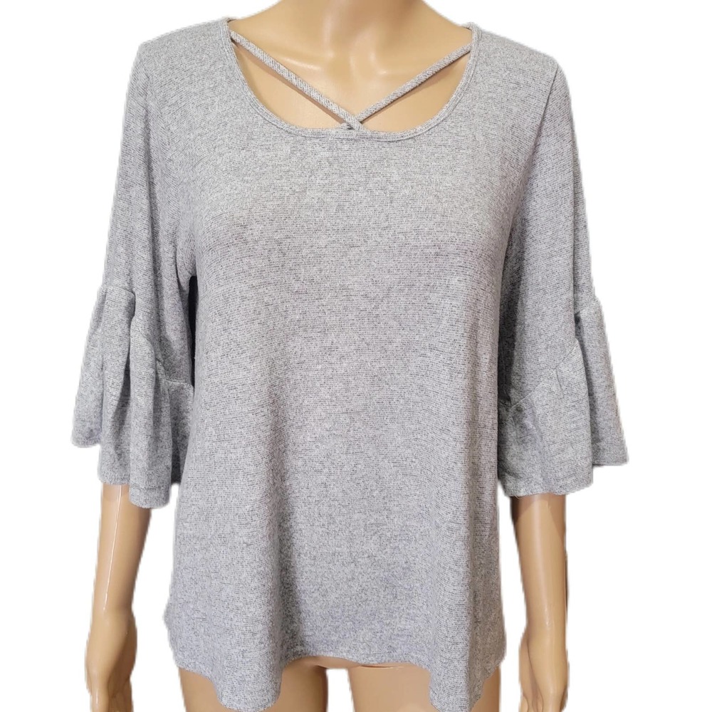 Caution To The Wind Gray Bell Sleeve Top Large - Picture 1 of 5